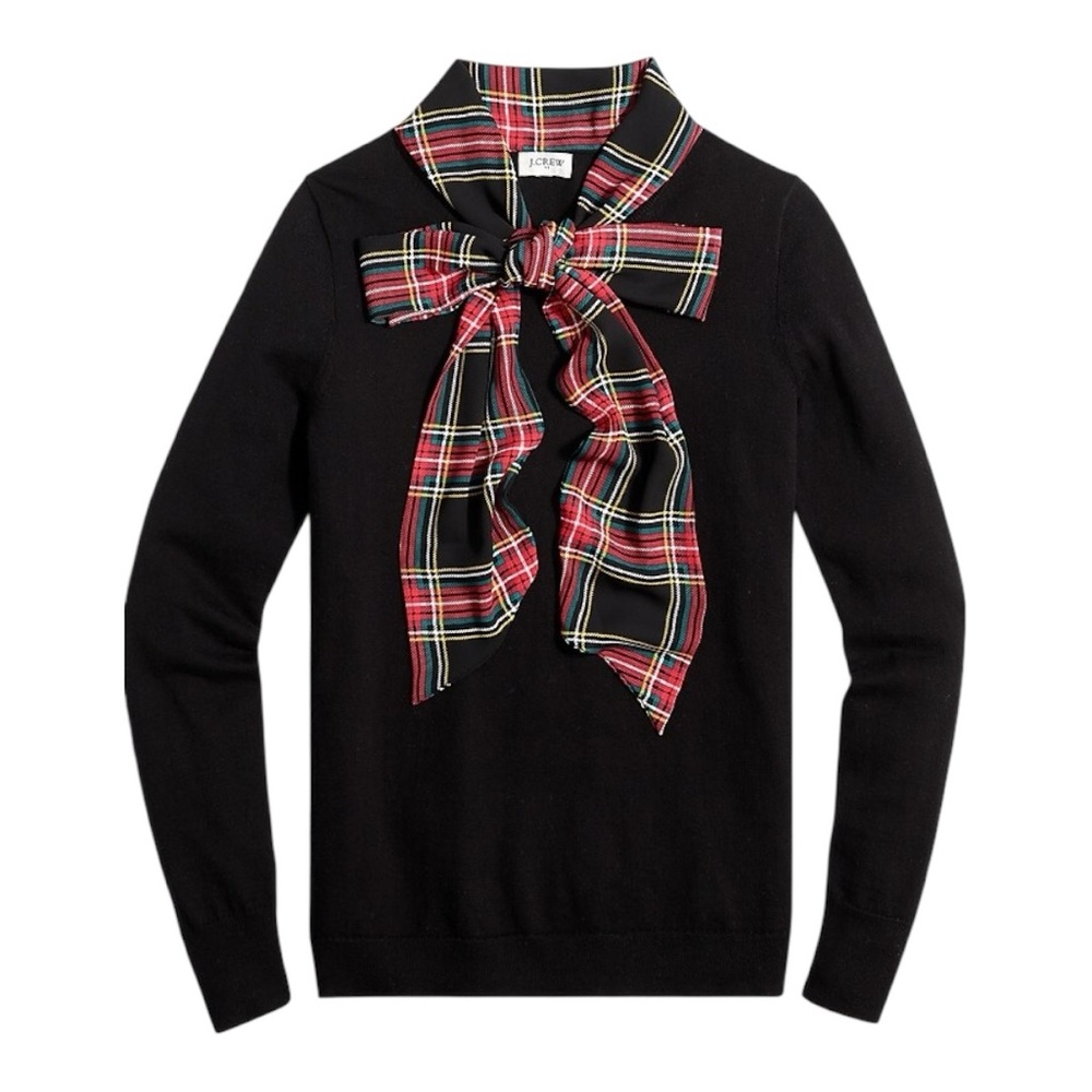 J. Crew Black Tartan Plaid Scarf Tie Neck Sweater - S
